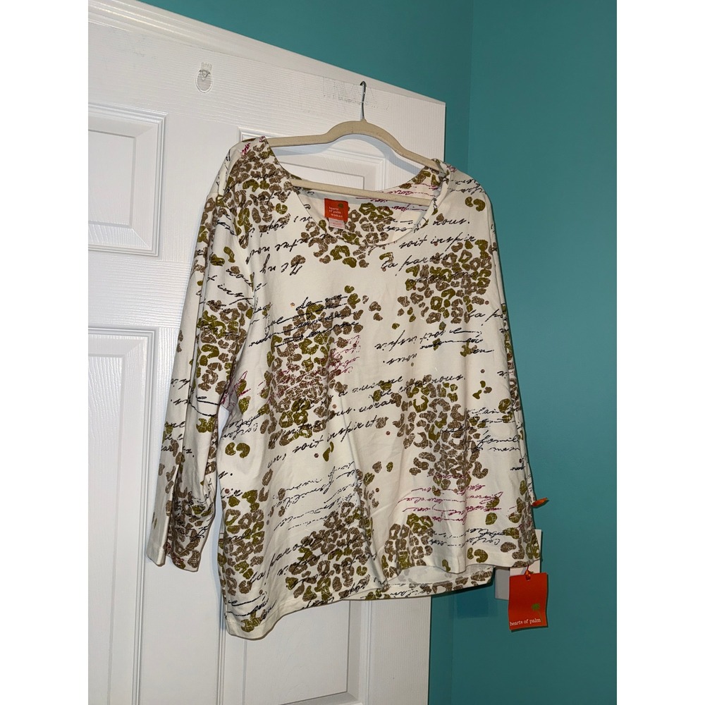 Hearts of Palm Woman Leopard Script Print Top 3X NWT Cream Olive Long Sleeve